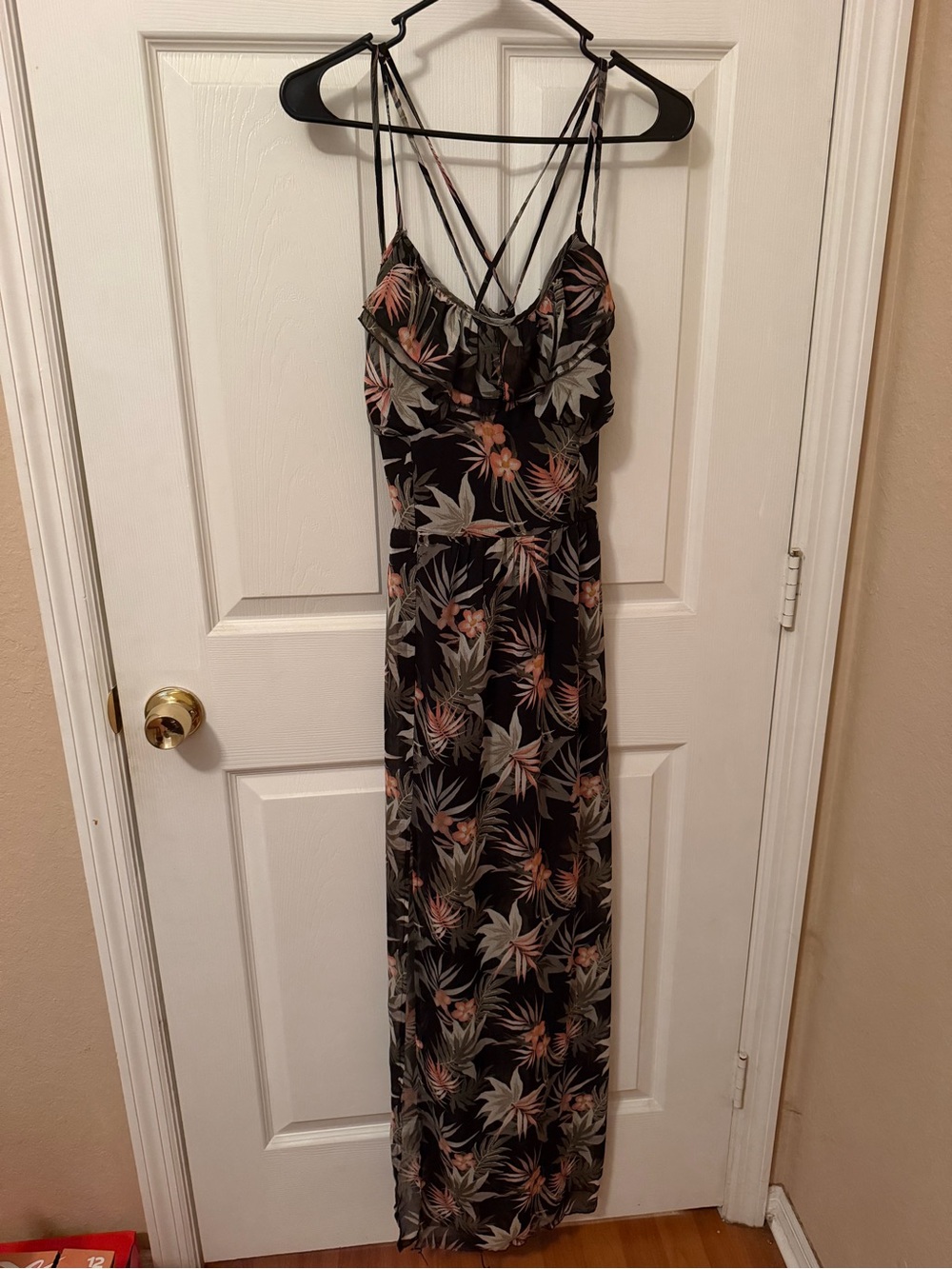 Suzy Shier Black Tropical Maxi Dress with Pink & Green Floral Print